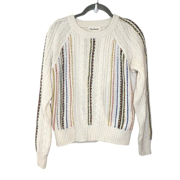 The Reeds x J.Crew Sweater Women S Beige Rainbow Stripe Cable Knit Cottagecore - Picture 1 of 6